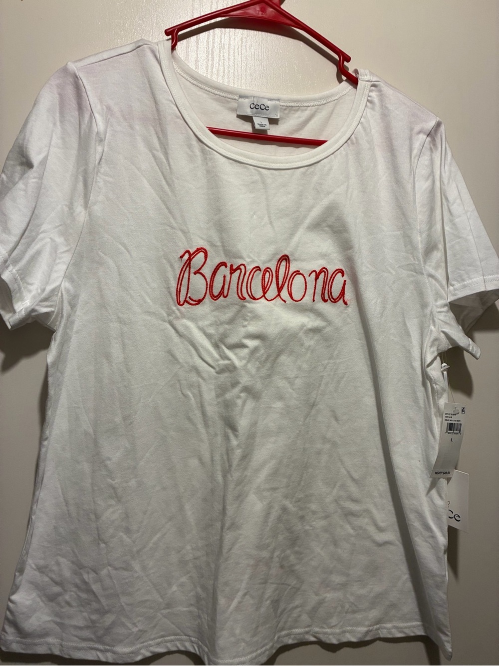 CeCe White Tee with Red 'Barcelona' Script